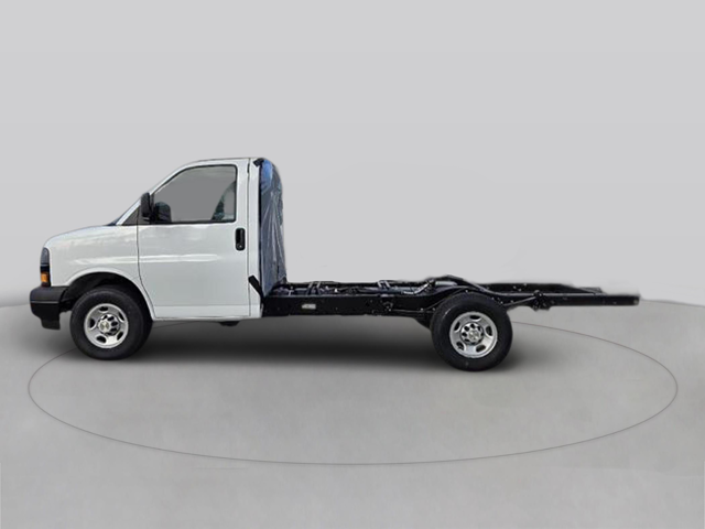 Front interior of a Chevrolet cutaway chassis cab featuring a multifunction steering wheel