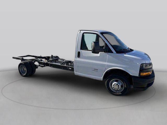 White Chevrolet Express cutaway chassis displayed in a front three-quarter view, featuring a single-row cab