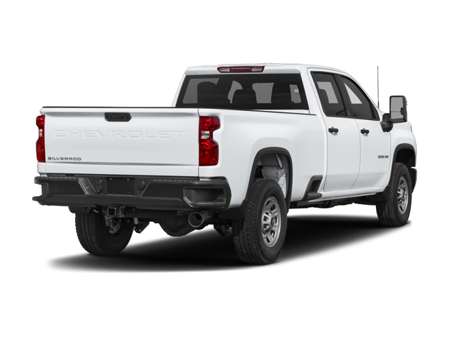 Rear three-quarter view of a white Chevrolet Silverado 3500 HD Chassis Cab