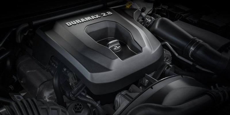 Close-up of the Duramax 2.8L turbo-diesel engine in a Chevrolet commercial vehicle