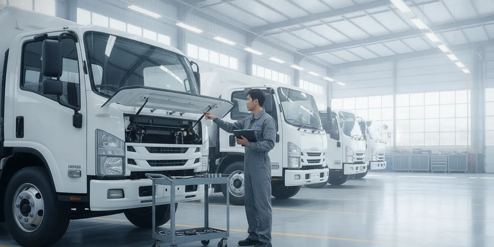 Technician inspecting an Isuzu commercial truck in a service bay