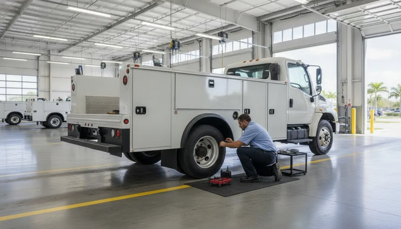 Technician inspecting the service body of a commercial utility truck in a shop