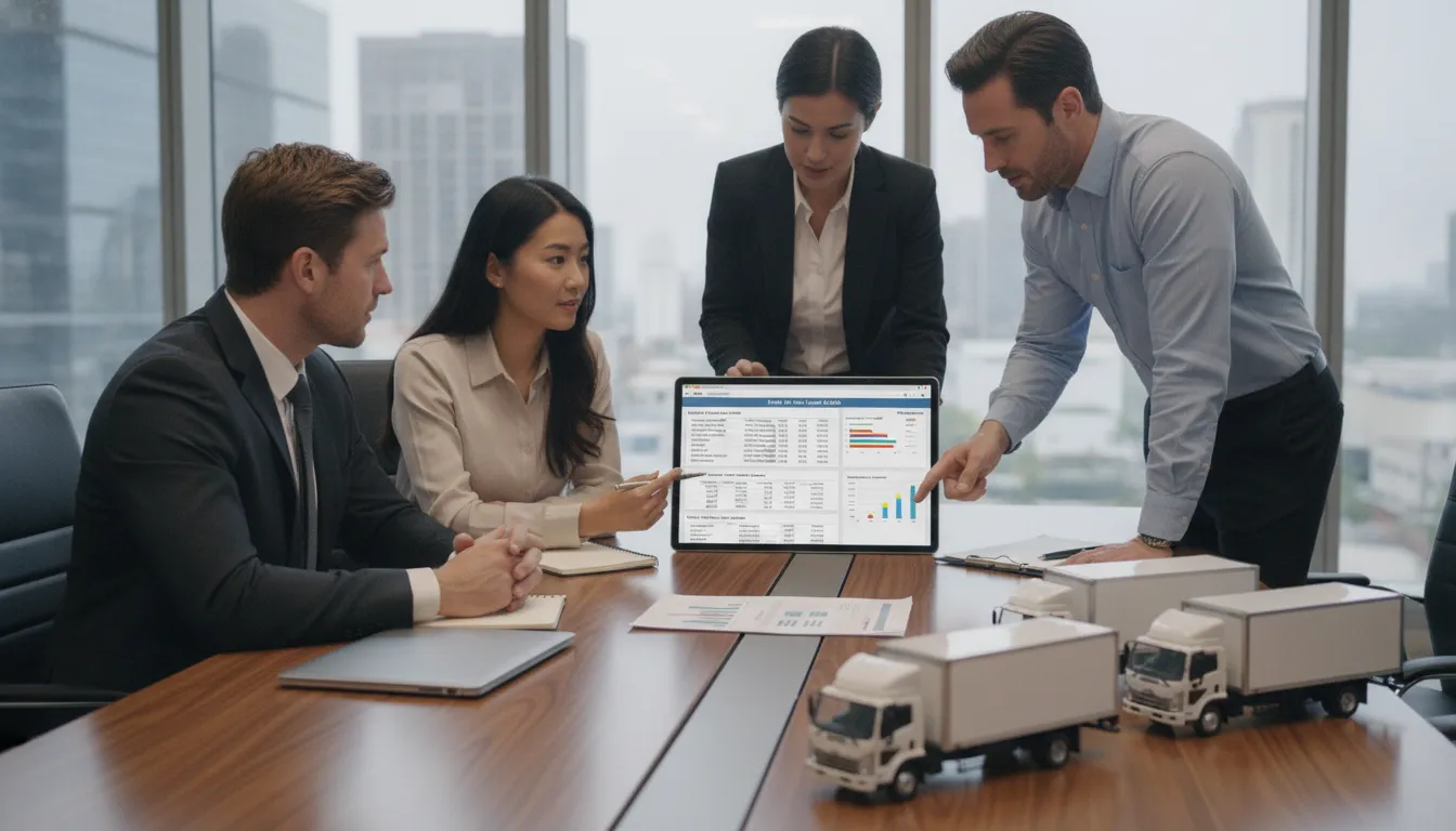 Business team compares Hino box truck lease deals using a laptop and financial charts.