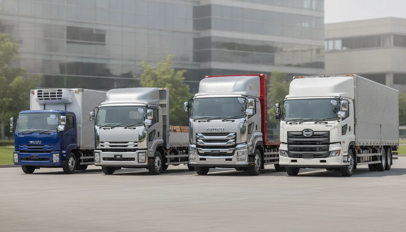 Lineup of Isuzu commercial truck models.