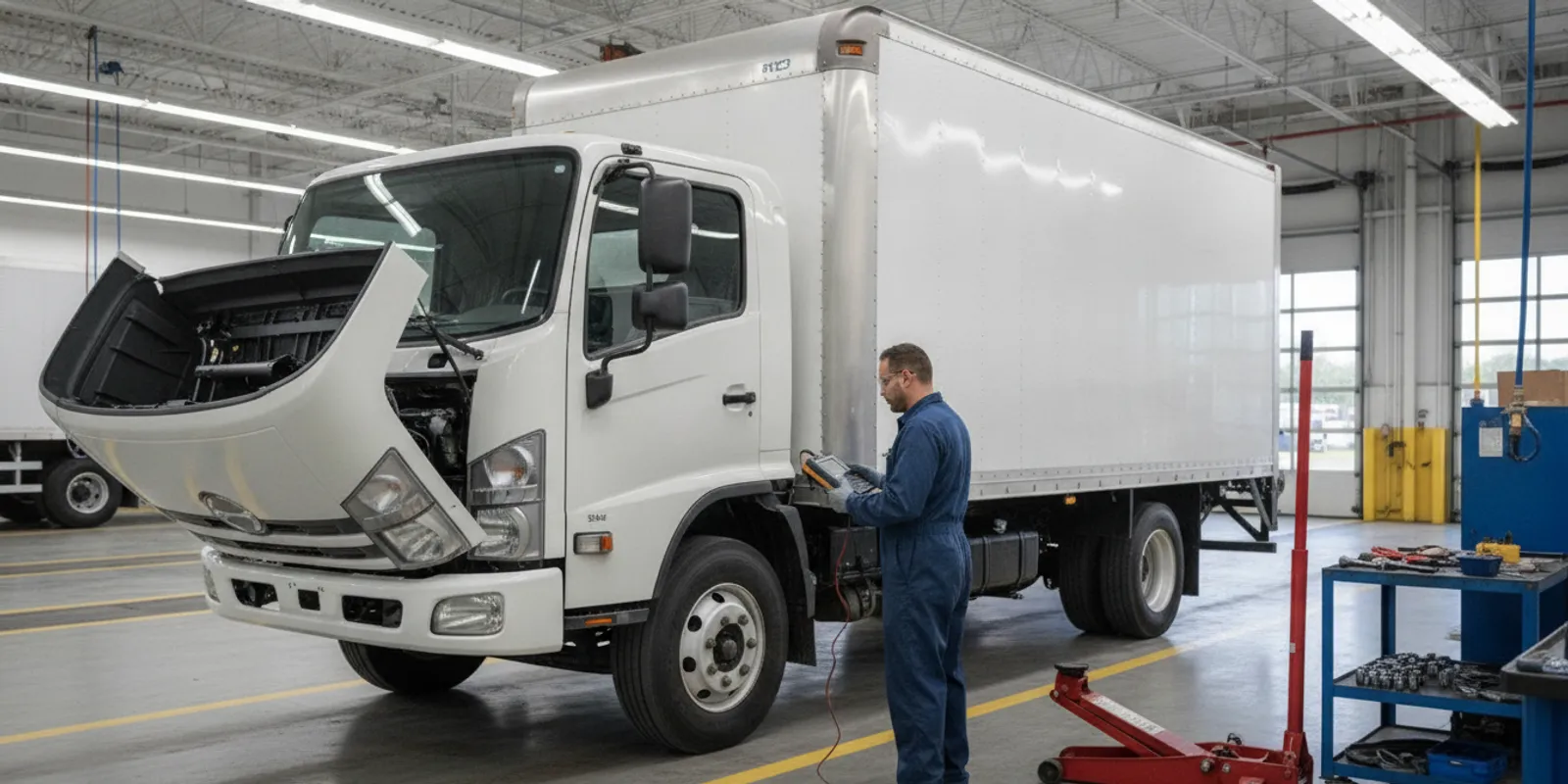 Hino commercial truck parked outside a service bay for an engine inspection