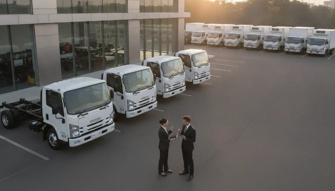 Isuzu cab and chassis trucks for sale at a dealership with two people.
