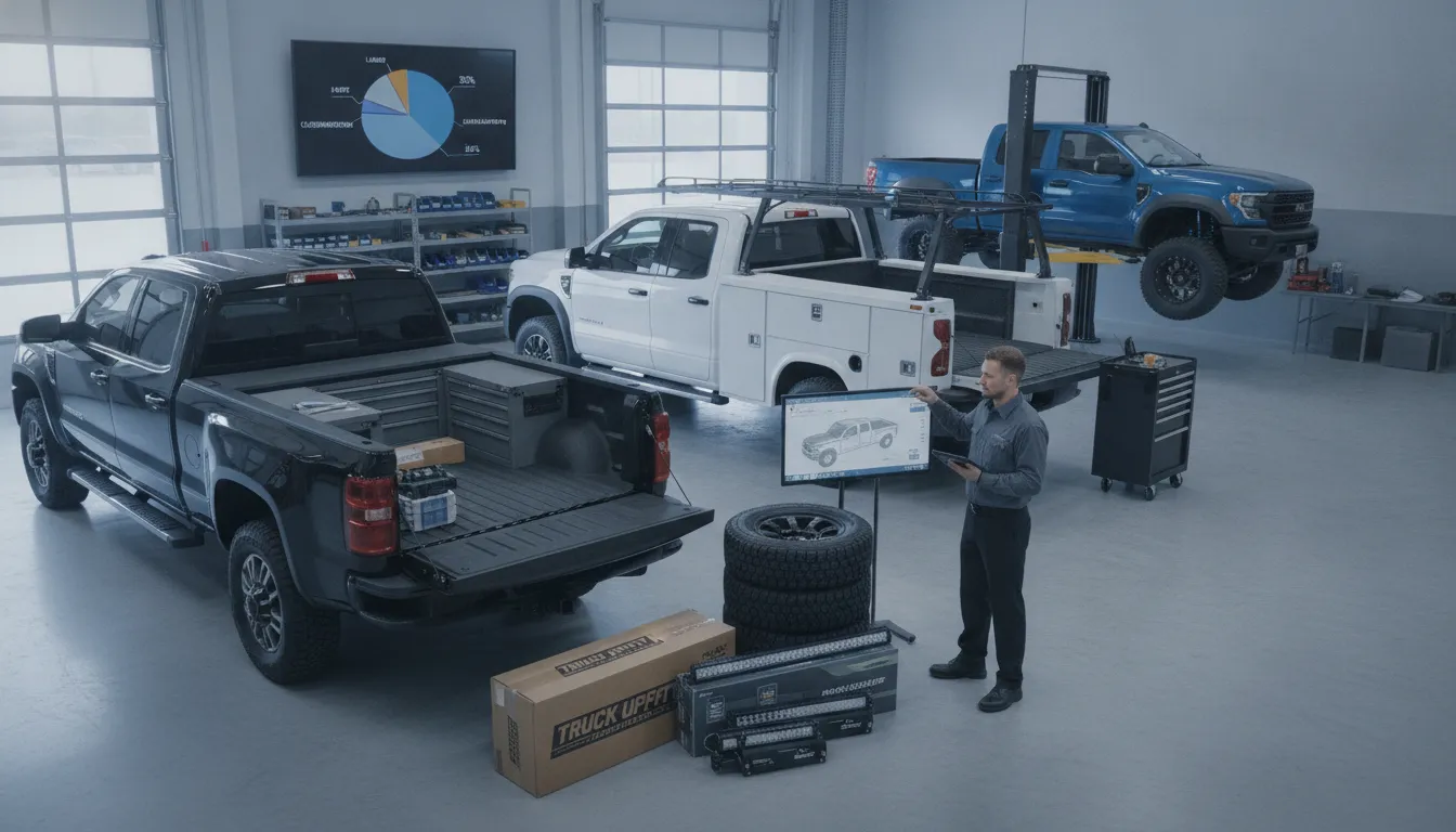 Pickup trucks and upfitting equipment in a workshop, showing factors that affect truck upfitting cost.